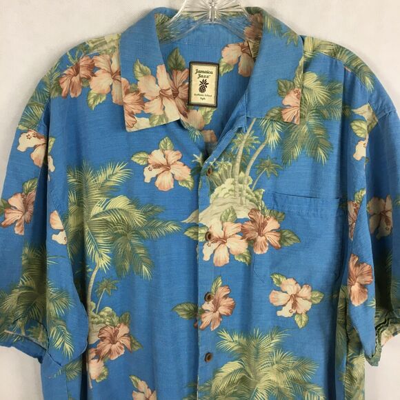 Jamaica Jaxx Shirt Mens Sz XL Blue Green Tropical Floral 100% Silk Button Up - Picture 2 of 10